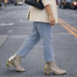 Lady Couture Breeze Gold Rhinestone Cutout Ankle Booties Sculpted Heel Size 12